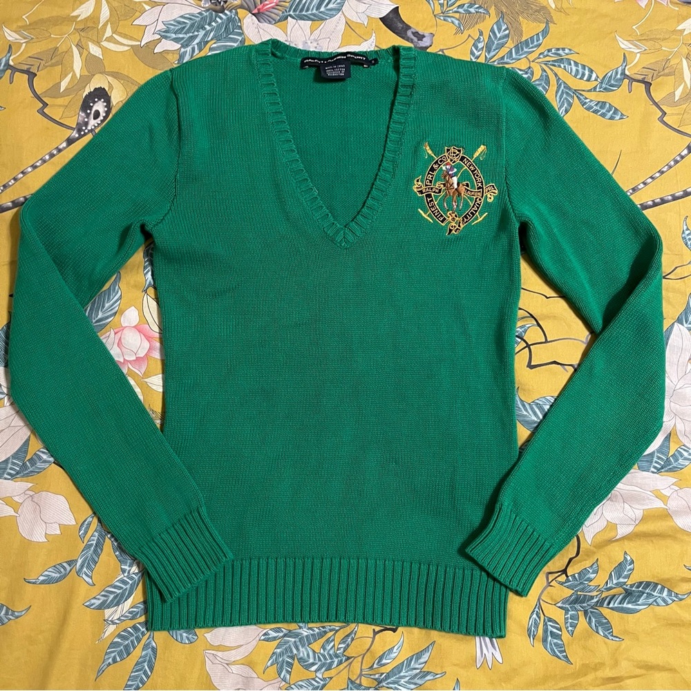 ralph lauren sport hunter green v-neck cotton sweater horse emblem